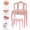 imageUTEX Pretend Play Kids Vanity Set with Mirror and Stool Kids Make Up Vanity Desk with Mirrror for Little Girls Children Makeup Dressing Table with Drawer PinkPinkCrown