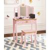 imageUTEX Pretend Play Kids Vanity Set with Mirror and Stool Kids Make Up Vanity Desk with Mirrror for Little Girls Children Makeup Dressing Table with Drawer PinkPinkCrown