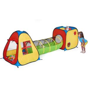 imageUTEX 3 in 1 Pop Up Play Tent with Tunnel Ball Pit for Kids Boys Girls Babies and Toddlers IndoorOutdoor PlayhouseRedYellow  Square Tent