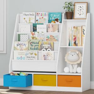 imageUTEX 5Tier Kids Sling Bookshelf with Storage Bins Wood Children Bookcase Toddler Montessori Book Shelf for Kids Room Classroom Bedroom and Nursery White
