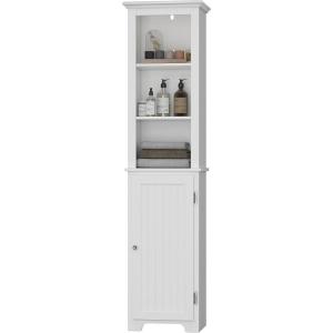 imageUTEX 64quot Freestanding Storage Cabinet Bathroom Tall Silm Cabinet with Doors and Adjustable Shelves Free Standing Linen Tower Home Storage Furniture WhiteWhite