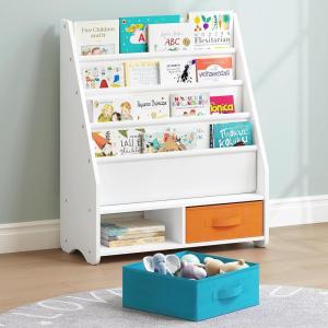 imageUTEX Kids Bookshelf Storage Book Shelf for Kids Rooms 4 Tier Sling Toddler Bookshelf Magazine Book Rack Children Book Organizer WhiteMulti Color