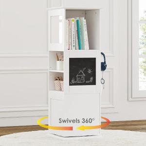 imageUTEX Kids Rotating Bookshelf Tower Revolving Bookcase with Blackboards and Hooks Toy Storage Organizer for Kids Room Nursery Bedroom Living Room White