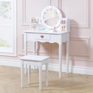 imageUTEX Kids Vanity Girls Vanity Set with Mirror and Stool and Lights Kids Vanity Table and Chair SetWooden Princess Makeup Desk Dressing Table White