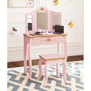 imageUTEX Pretend Play Kids Vanity Set with Mirror and Stool Kids Make Up Vanity Desk with Mirrror for Little Girls Children Makeup Dressing Table with Drawer PinkPinkCrown
