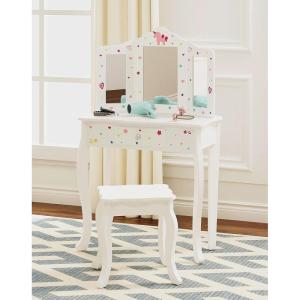imageUTEX Pretend Play Kids Vanity Set with Mirror and Stool Kids Make Up Vanity Desk with Mirrror for Little Girls Children Makeup Dressing Table with Drawer PinkWhiteUnicorn