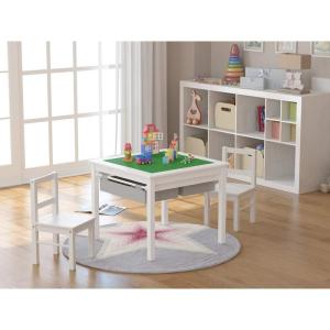 imageUTEX Wooden 2 in 1 Kids Construction Play Table and 2 Chairs Set with Storage Drawers and Built in Plate Compatible with Lego and Duplo Bricks White with Grey DrawersWhite With Gray Drawer