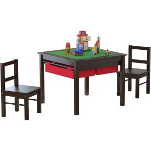 imageUTEX Wooden 2 in 1 Kids Construction Play Table and 2 Chairs Set with Storage Drawers and Built in Plate Compatible with Lego and Duplo Bricks White with Grey DrawersEspresso