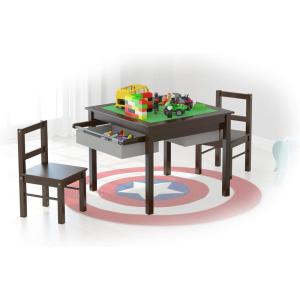 imageUTEX Wooden 2 in 1 Kids Construction Play Table and 2 Chairs Set with Storage Drawers and Built in Plate Compatible with Lego and Duplo Bricks White with Grey DrawersEspresso With Gray Drawer