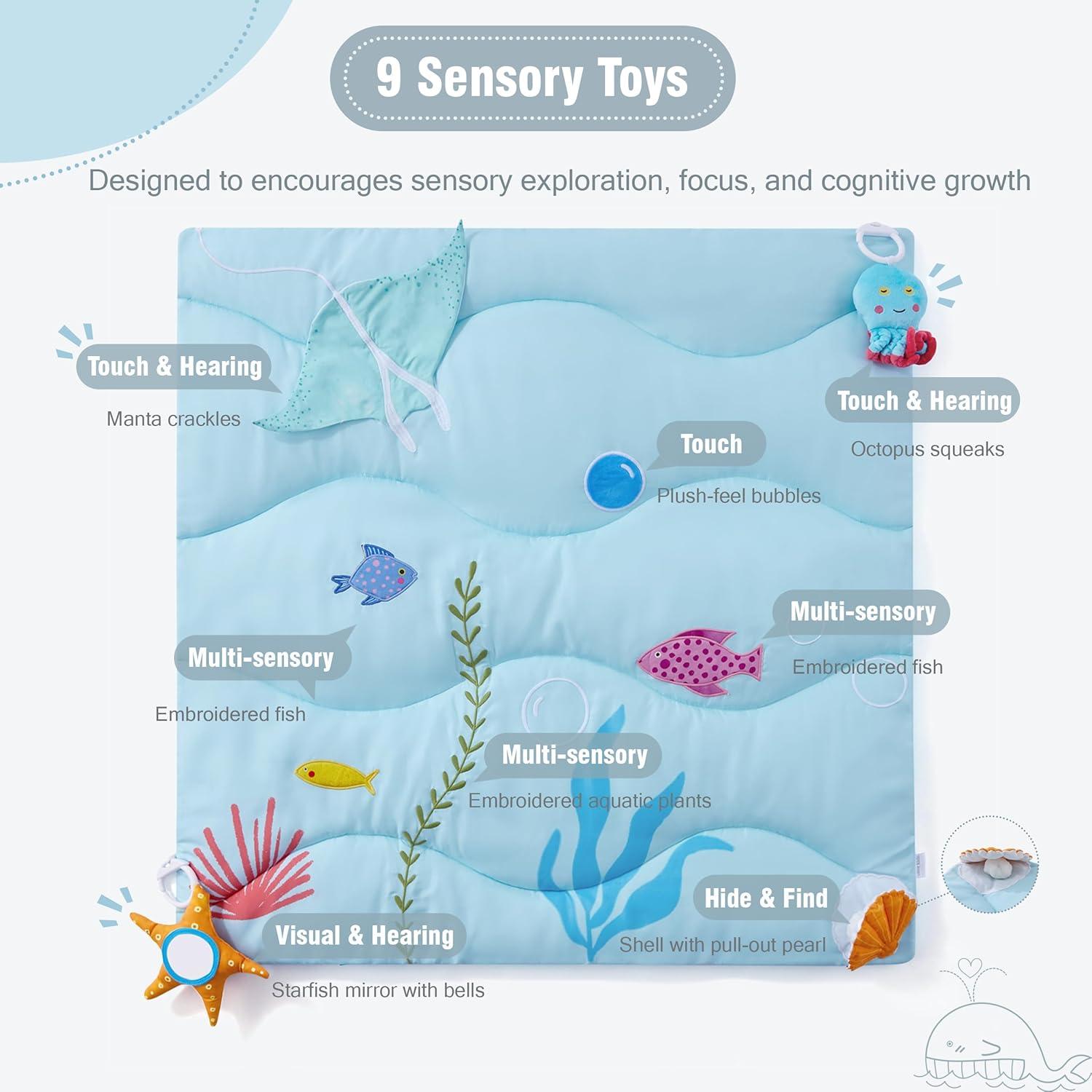 imageUTEX Baby Activity Mat Baby Play Gym Mat with 9 Sensory Toys Tummy Time Mat for Motor Skills ampamp Sensory Development Newborn Essentials GiftBlue Ocean